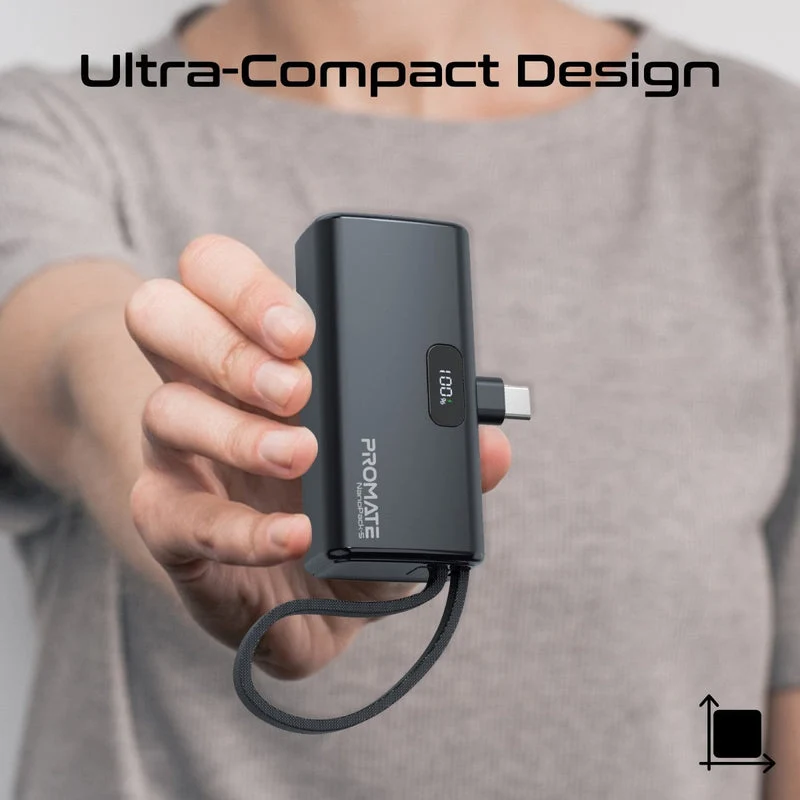 Promate NanoPack-5 5000mAH 20W Pocket-Size Fast Charging Power Bank Foldable USB-C Connector & Lightning Cable (Black)
