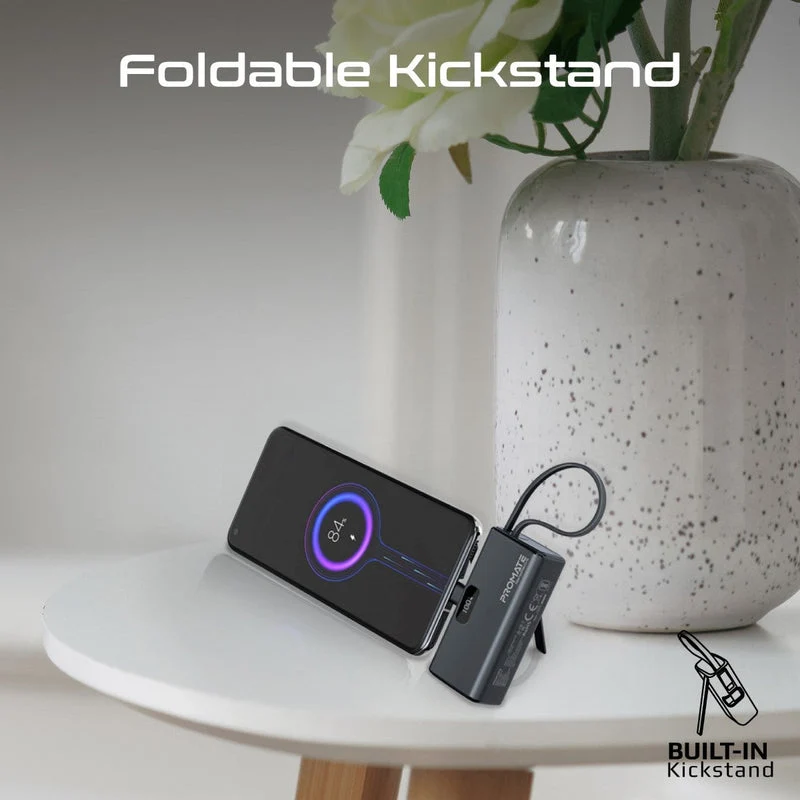 Promate NanoPack-5 5000mAH 20W Pocket-Size Fast Charging Power Bank Foldable USB-C Connector & Lightning Cable (Black)