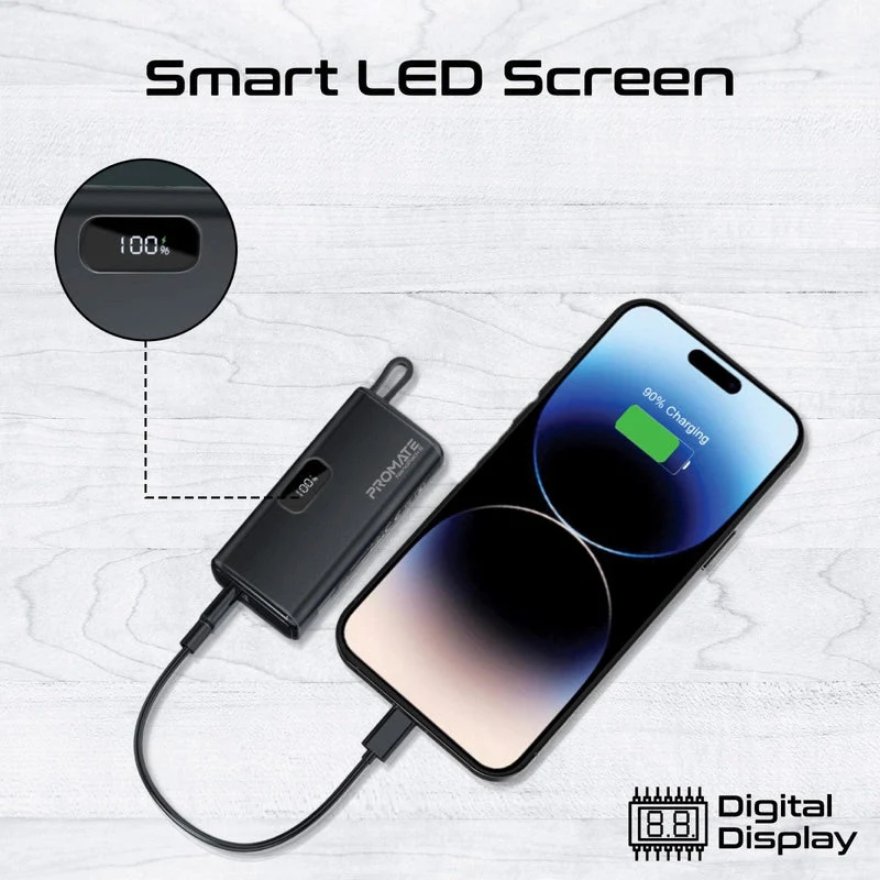 Promate NanoPack-5 5000mAH 20W Pocket-Size Fast Charging Power Bank Foldable USB-C Connector & Lightning Cable (Black)