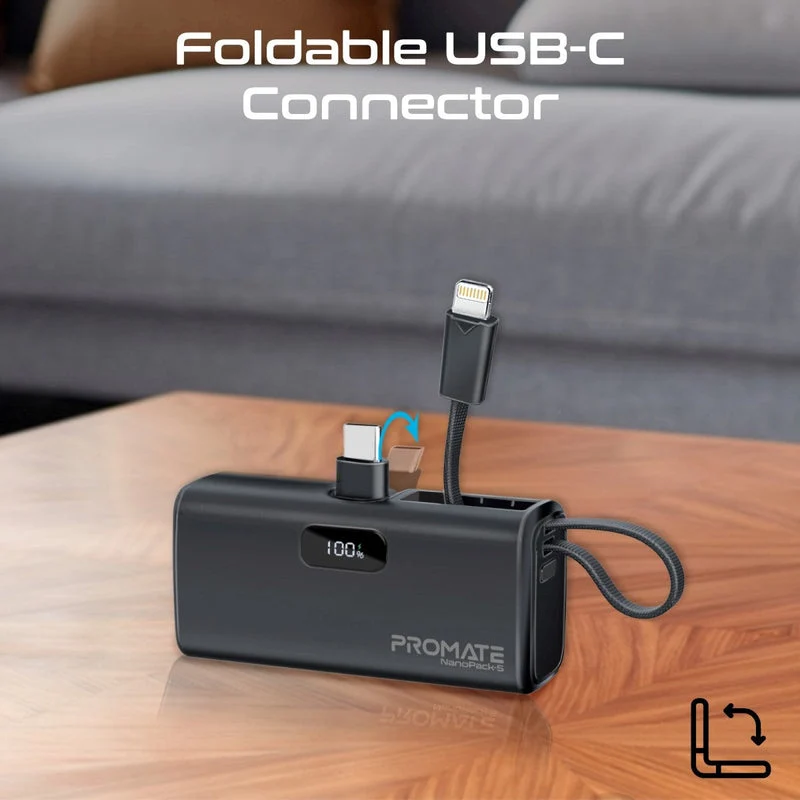 Promate NanoPack-5 5000mAH 20W Pocket-Size Fast Charging Power Bank Foldable USB-C Connector & Lightning Cable (Black)