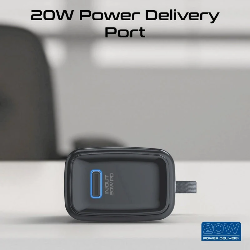 Promate NanoPack-5 5000mAH 20W Pocket-Size Fast Charging Power Bank Foldable USB-C Connector & Lightning Cable (Black)