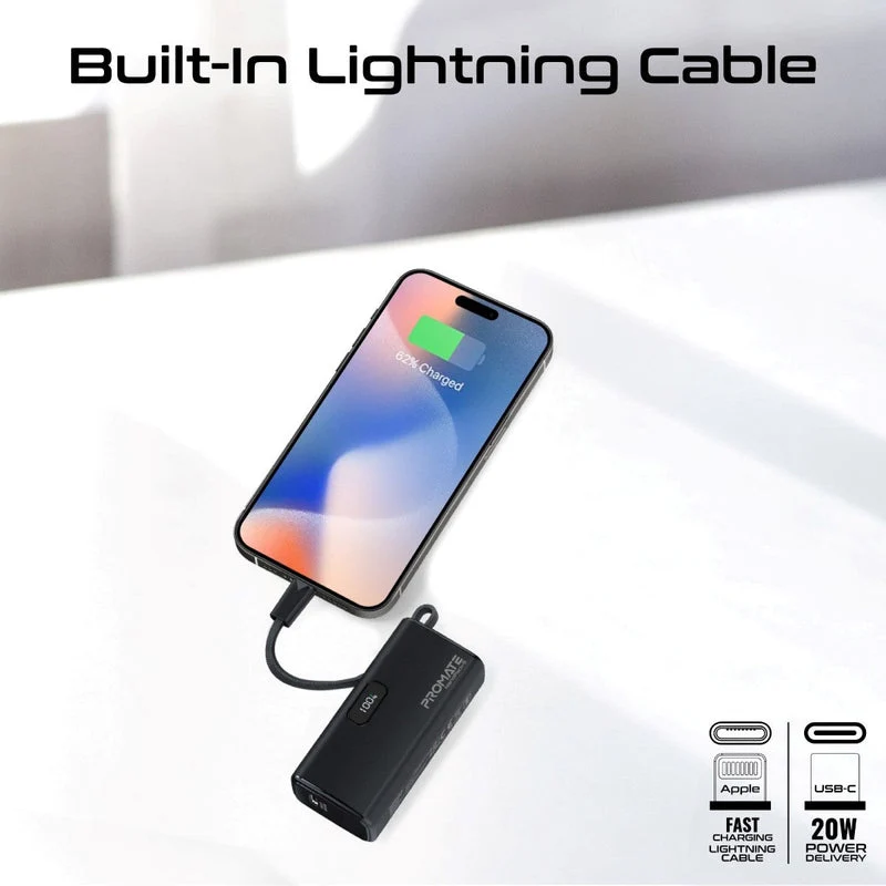 Promate NanoPack-5 5000mAH 20W Pocket-Size Fast Charging Power Bank Foldable USB-C Connector & Lightning Cable (Black)
