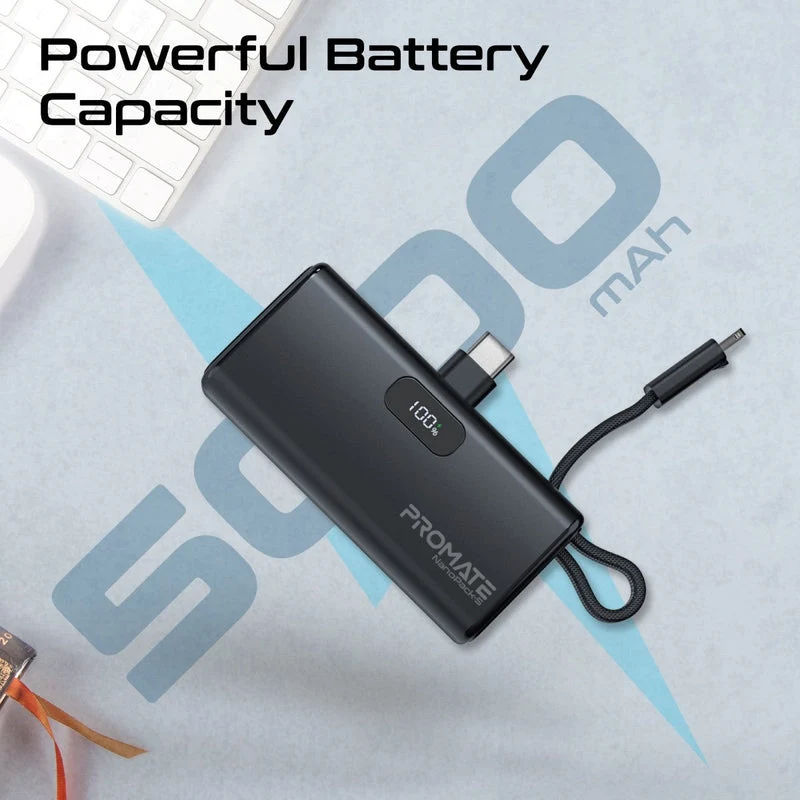 Promate NanoPack-5 5000mAH 20W Pocket-Size Fast Charging Power Bank Foldable USB-C Connector & Lightning Cable (Black)