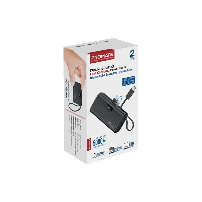 Promate NanoPack-5 5000mAH 20W Pocket-Size Fast Charging Power Bank Foldable USB-C Connector & Lightning Cable (Black)
