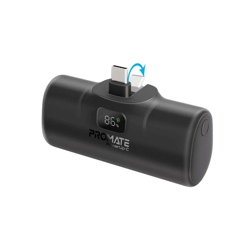 Promate PowerUp-C 5000mAH 20W Ultra-Compact Fast Charging Power Bank In-Built Foldable USB-C Connector (Black)