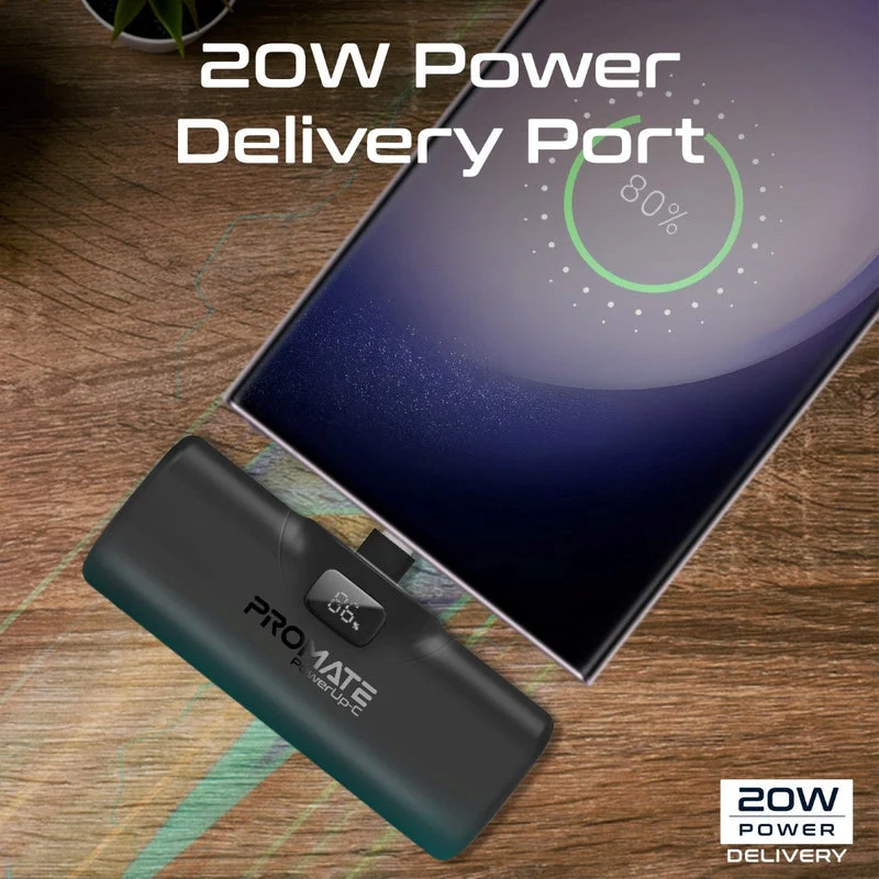 Promate PowerUp-C 5000mAH 20W Ultra-Compact Fast Charging Power Bank In-Built Foldable USB-C Connector (Black)