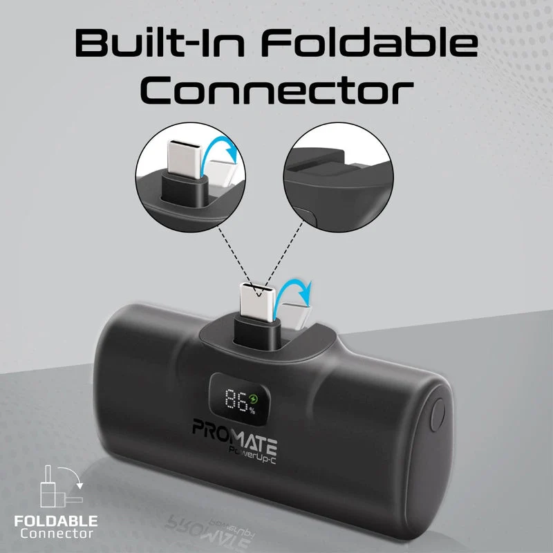 Promate PowerUp-C 5000mAH 20W Ultra-Compact Fast Charging Power Bank In-Built Foldable USB-C Connector (Black)