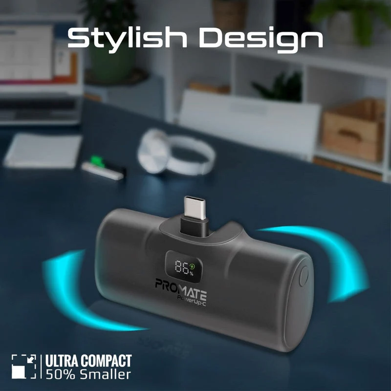 Promate PowerUp-C 5000mAH 20W Ultra-Compact Fast Charging Power Bank In-Built Foldable USB-C Connector (Black)