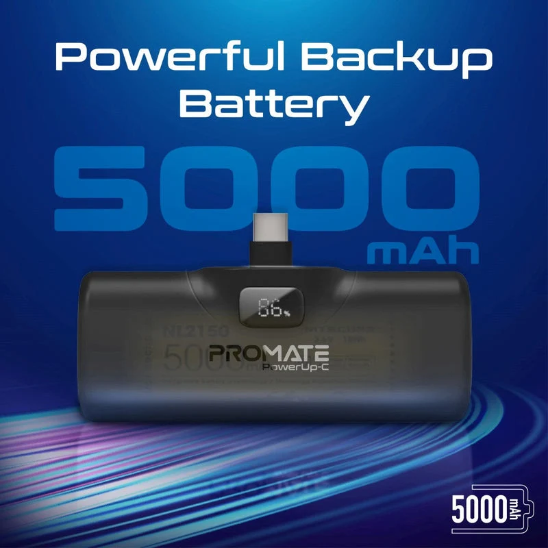 Promate PowerUp-C 5000mAH 20W Ultra-Compact Fast Charging Power Bank In-Built Foldable USB-C Connector (Black)