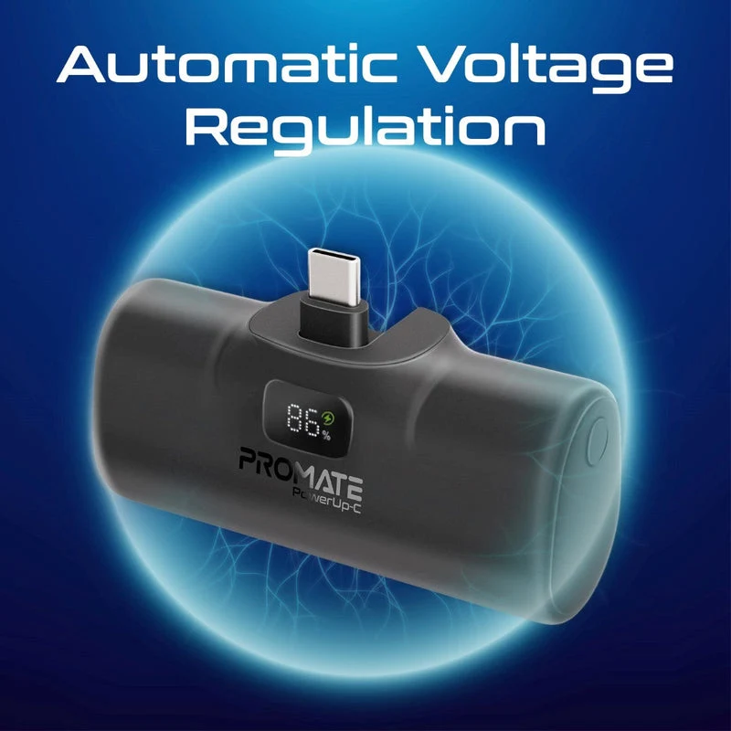 Promate PowerUp-C 5000mAH 20W Ultra-Compact Fast Charging Power Bank In-Built Foldable USB-C Connector (Black)