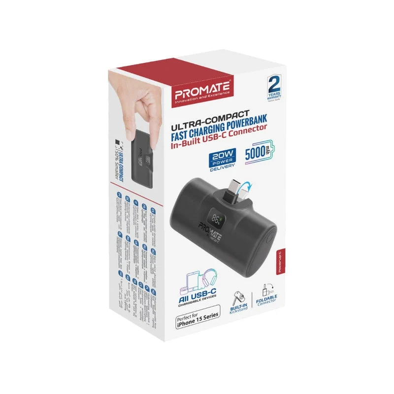 Promate PowerUp-C 5000mAH 20W Ultra-Compact Fast Charging Power Bank In-Built Foldable USB-C Connector (Black)