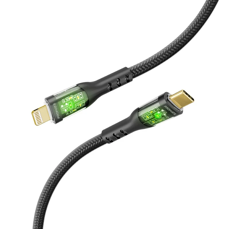 Promate Transline-Ci 27Watts Power Delivery USB-C to Lightning Cable Transparent Shells (Black)