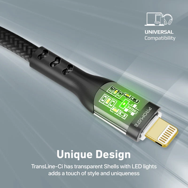 Promate Transline-Ci 27Watts Power Delivery USB-C to Lightning Cable Transparent Shells (Black)