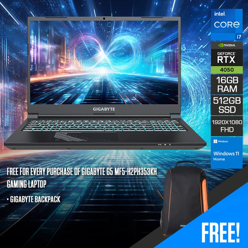 Gigabyte G5 MF5-H2PH353KH Gaming Laptop | 15.6" FHD (1920x1080) 144Hz | i7-13620H | 16GB RAM | 512GB SSD | RTX 4050 | Windows 11 Home + Gigabyte Backpack