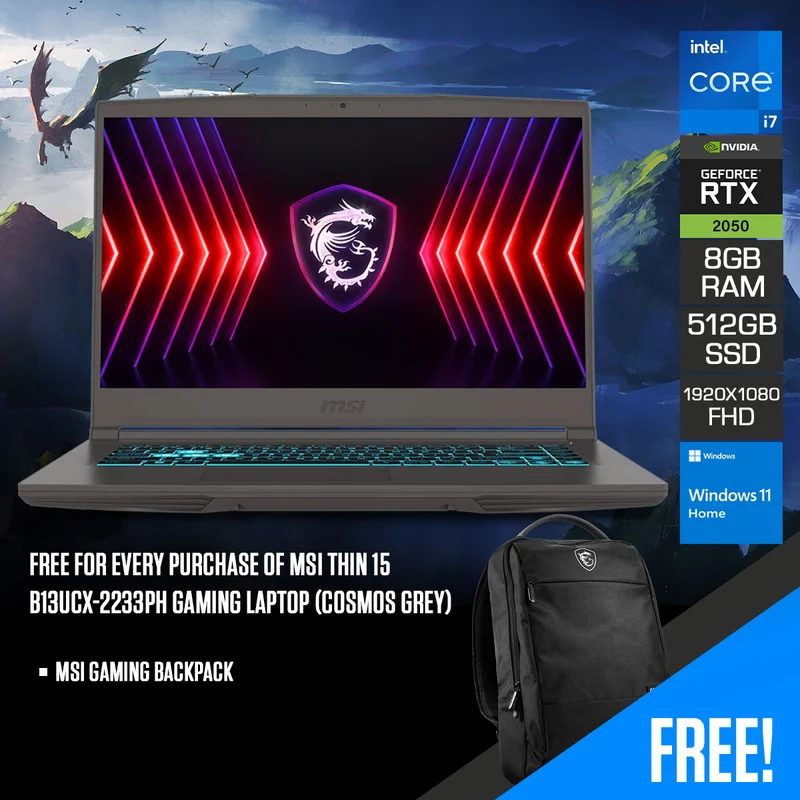 MSI Thin 15 B13UCX-2233PH Gaming Laptop (Cosmos Grey) | 15.6" FHD (1920x1080) 144Hz IPS | i7-13620H | 8GB RAM | 512GB SSD | RTX 2050 | Windows 11 Home | MSI Gaming Backpack
