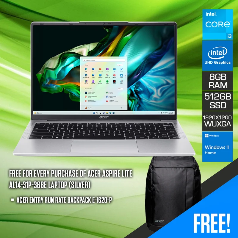 Acer Aspire Lite AL14-31P-36BE Laptop (Silver) | 14" WUXGA (1920x1200) IPS | i3-N300 | 8GB RAM | 512GB SSD | Intel UHD Graphics | Windows 11 Home + Acer Entry Run Rate Backpack E-1620-P