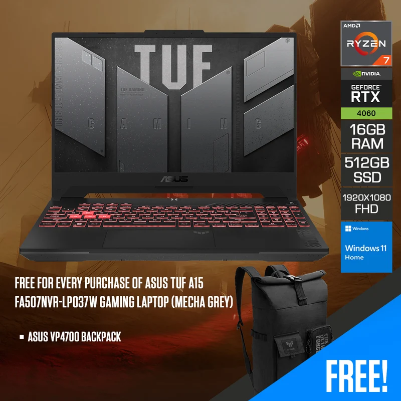Asus TUF A15 FA507NVR-LP037W Gaming Laptop (Mecha Grey) | 15.6" FHD (1920x1080) IPS 144Hz | R7-7435HS | 16GB RAM | 512GB SSD | RTX 4060 | Windows 11 Home | Asus VP4700 Backpack