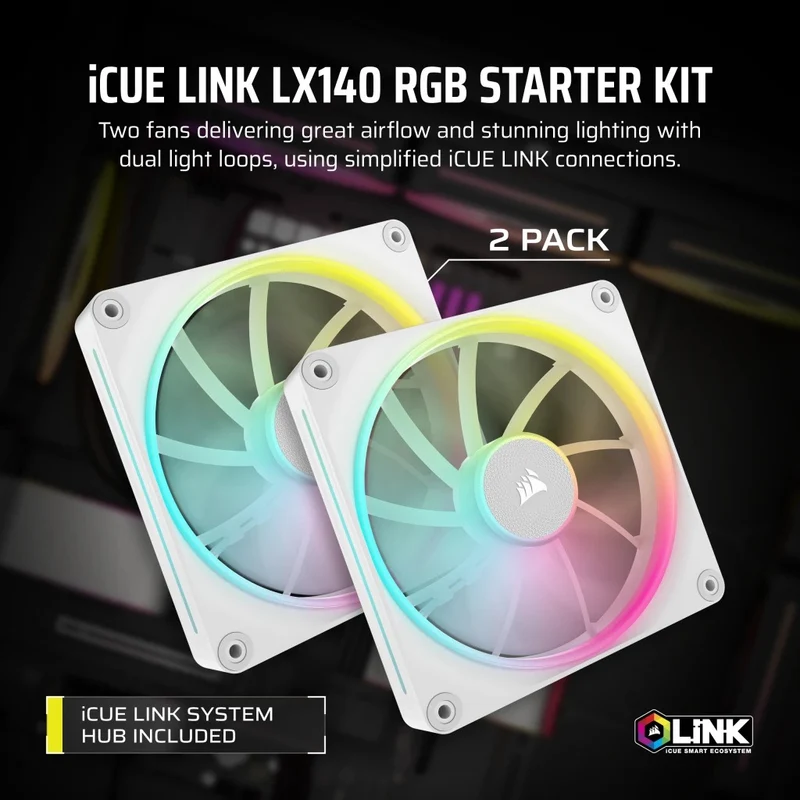 Corsair iCUE LINK LX140 RGB 140MM PWM Dual Fan Starter Kit (Black, White)