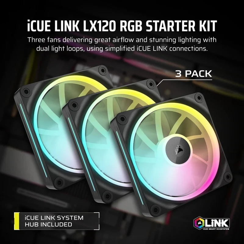 Corsair iCUE LINK LX120 RGB 120MM PWM Fan Triple Starter Kit (Black, White)