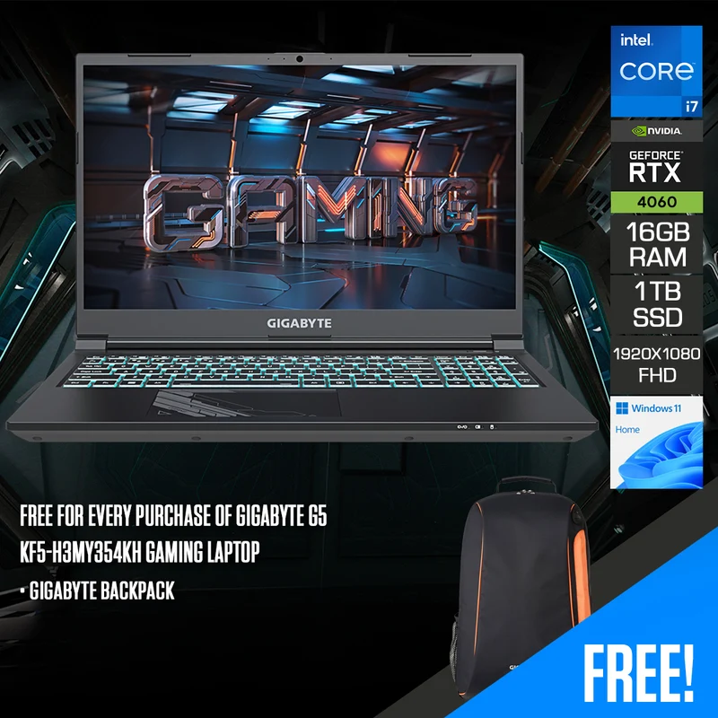 Gigabyte G5 KF5-H3MY354KH Gaming Laptop | 15.6" FHD (1920x 1080) 144Hz | i7-13620H | 16GB RAM | 1TB SSD | RTX 4060 | Windows 11 Home + Gigabyte Backpack