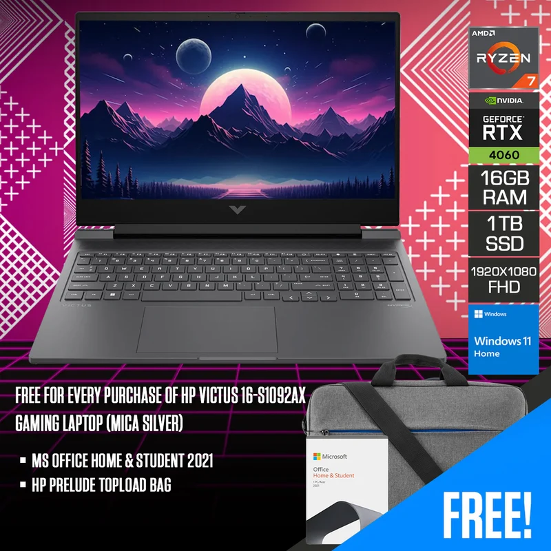 HP Victus 16-S1092AX Gaming Laptop (Mica Silver) | 16.1" FHD (1920x1080) 144Hz IPS | Ryzen 7 8845HS | 16GB RAM | 1TB SSD | RTX 4060 | Windows 11 Home | MS Office Home & Student 2021 | HP Prelude Topload Bag