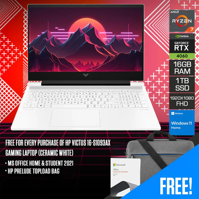 HP Victus 16-S1093AX Gaming Laptop (Ceramic White) | 16.1" FHD (1920x1080) 144Hz IPS | Ryzen 7 8845HS | 16GB RAM | 1TB SSD | RTX 4060 | Windows 11 Home | MS Office Home & Student 2021 | HP Prelude Topload Bag