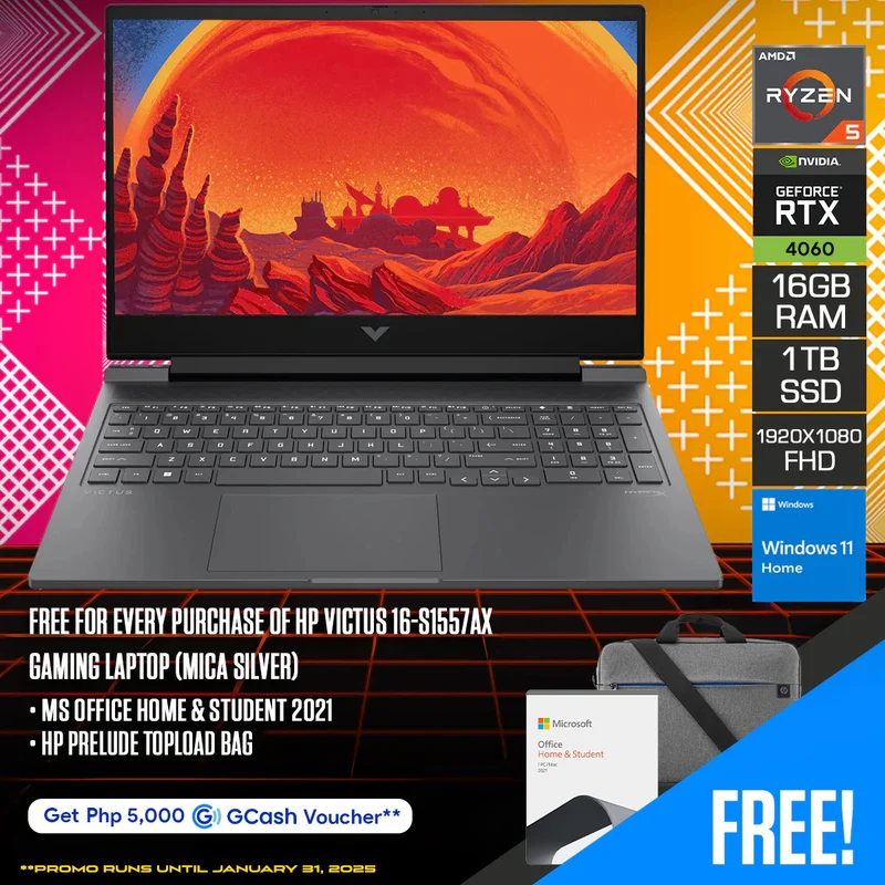 HP Victus 16-S1557AX Gaming Laptop (Mica Silver) | 16.1" FHD (1920x1080) 144Hz IPS | Ryzen 5 8645HS | 16GB RAM | 1TB SSD | RTX 4060 | Windows 11 Home | MS Office Home & Student 2021 | HP Travel 18L Backpack