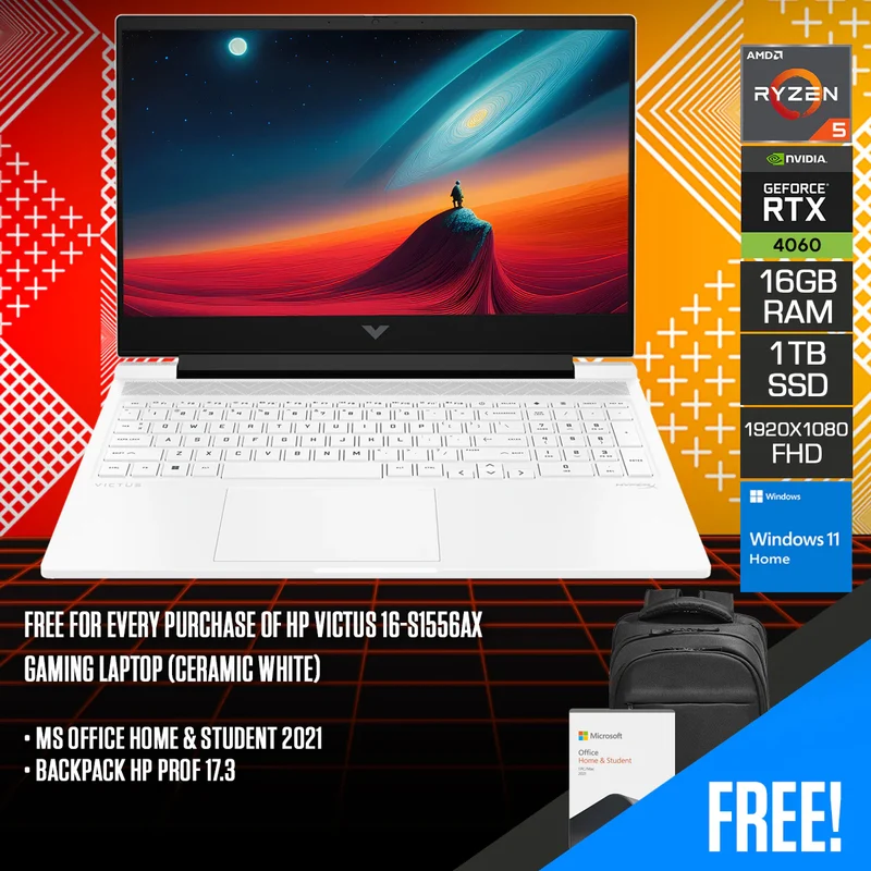 HP Victus 16-S1556AX Gaming Laptop (Ceramic White) | 16.1" FHD (1920x1080) 144Hz IPS | Ryzen 5 8645HS | 16GB RAM | 1TB SSD | RTX 4060 | Windows 11 Home | MS Office Home & Student 2021 | Backpack HP Prof 17.3