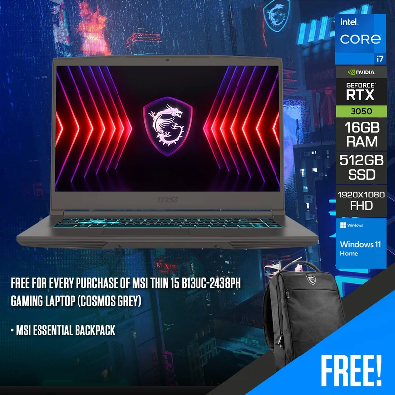 MSI Thin 15 B13UC-2438PH Gaming Laptop (Cosmos Grey) | 15.6" FHD (1920x1080) 144Hz IPS | i7-13620H | 16GB RAM | 512GB SSD | RTX 3050 | Windows 11 Home + MSI Essential Backpack