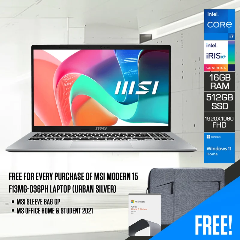MSI Modern 15 F13MG-036PH Laptop (Urban Silver) | 15.6" FHD (1920x1080) IPS | i7-1355U | 16GB RAM | 512GB SSD | Iris Xe Graphics | Windows 11 Home + MS Office Home & Student 2021 + MSI Sleeve Bag GP