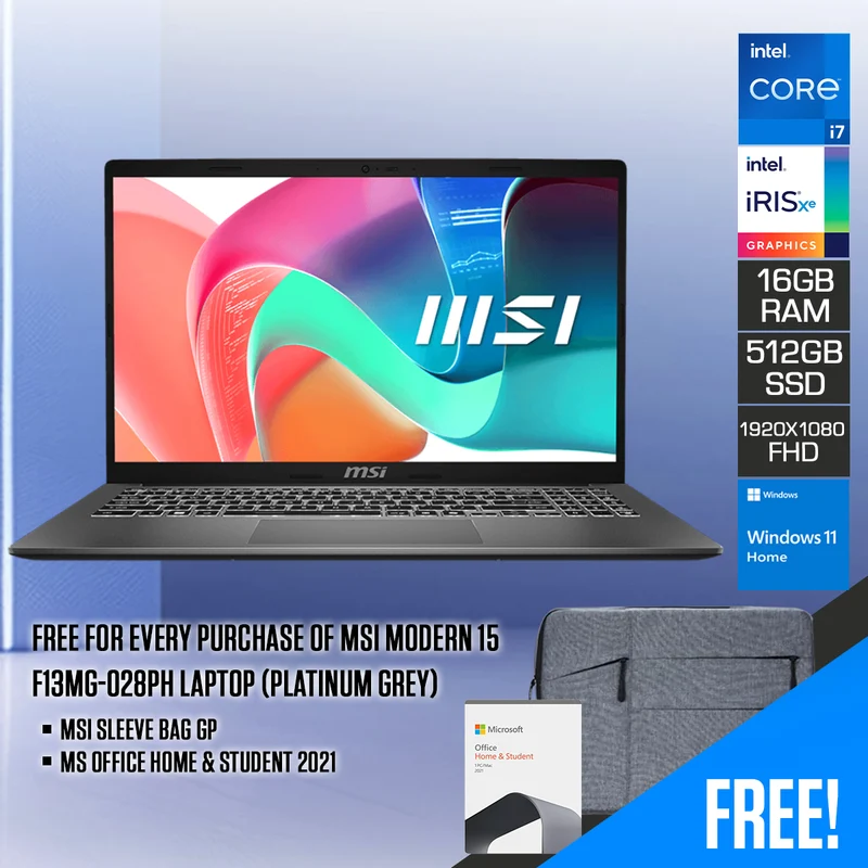 MSI Modern 15 F13MG-028PH Laptop (Platinum Grey) | 15.6" FHD (1920x1080) IPS | i7-1355U | 16GB RAM | 512GB SSD | Iris Xe Graphics | Windows 11 Home + MS Office Home & Student 2021 + MSI Sleeve Bag GP