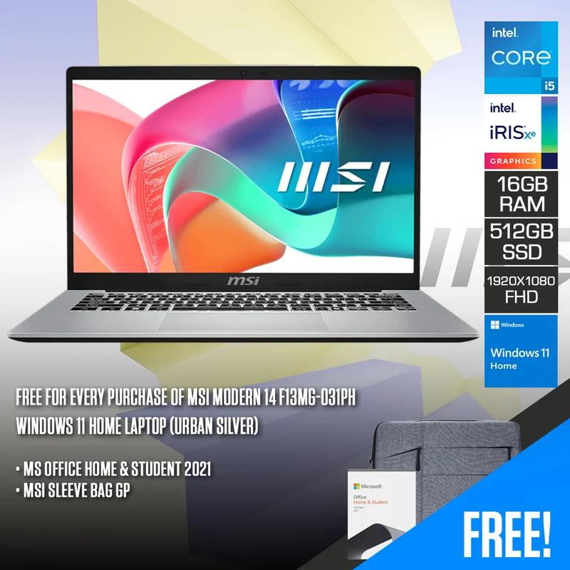 MSI Modern 14 F13MG-031PH Laptop (Urban Silver) | 14" FHD (1920x1080) IPS | i5-1335U | 16GB RAM | 512GB SSD | Iris Xe Graphics | Windows 11 Home + MS Office Home & Student 2021 + MSI Sleeve Bag GP
