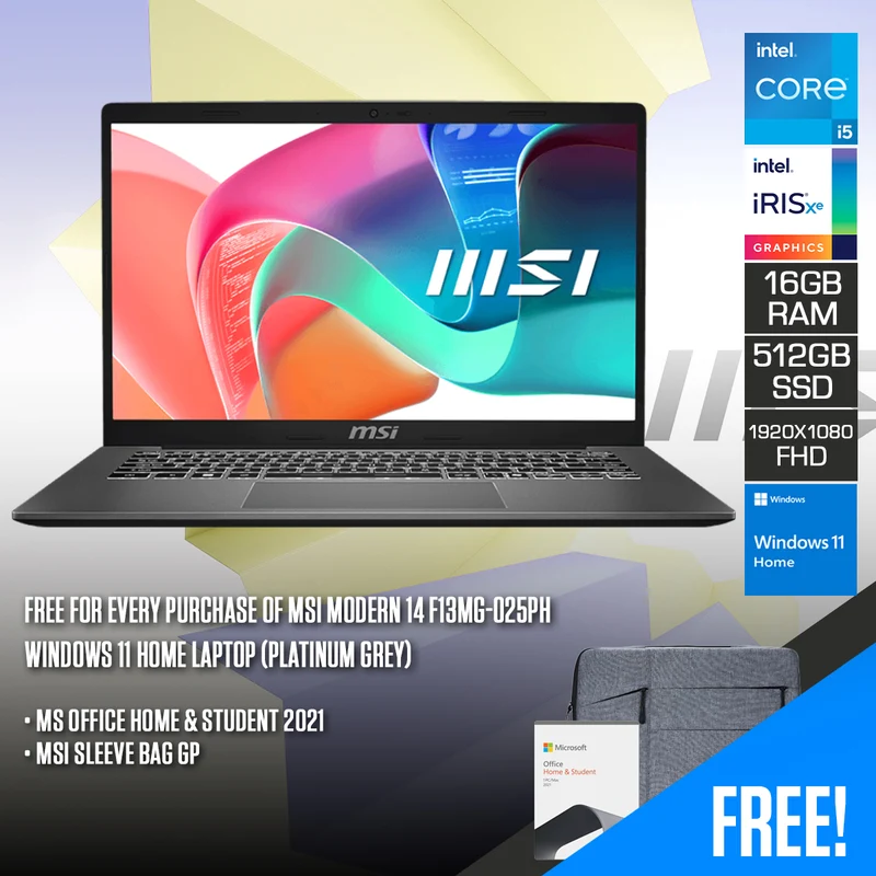 MSI Modern 14 F13MG-025PH Laptop (Platinum Grey) | 14" FHD (1920x1080) IPS | i5-1335U | 16GB RAM | 512GB SSD | Iris Xe Graphics | Windows 11 Home + MS Office Home & Student 2021 + MSI Sleeve Bag GP