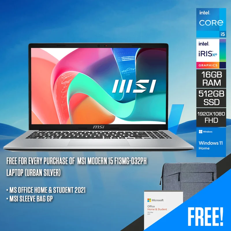 MSI Modern 15 F13MG-032PH Laptop (Urban Silver) | 15.6" FHD (1920x1080) IPS | i5-1335U | 16GB RAM | 512GB SSD | Iris Xe Graphics | Windows 11 Home | MS Office Home & Student 2021 | MSI Sleeve Bag GP