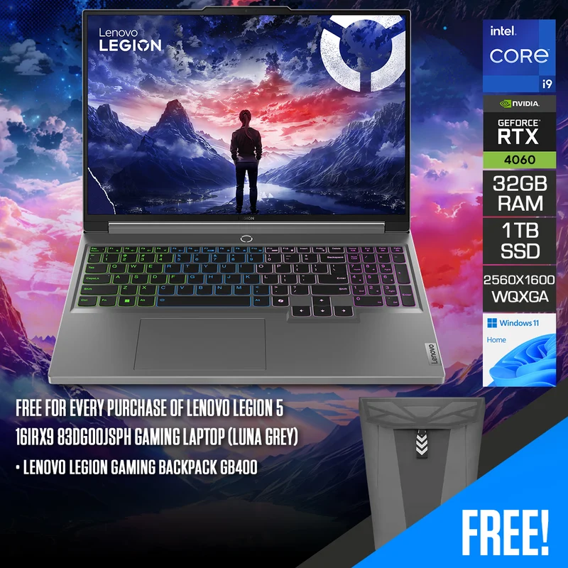 Lenovo Legion 5 16IRX9 83DG00JSPH Gaming Laptop (Luna Grey) | 16" WQXGA (2560x1600) IPS 240Hz | i9-14900HX | 32GB RAM | 1TB SSD | RTX 4060 | Windows 11 Home + Lenovo Legion Gaming Backpack GB400