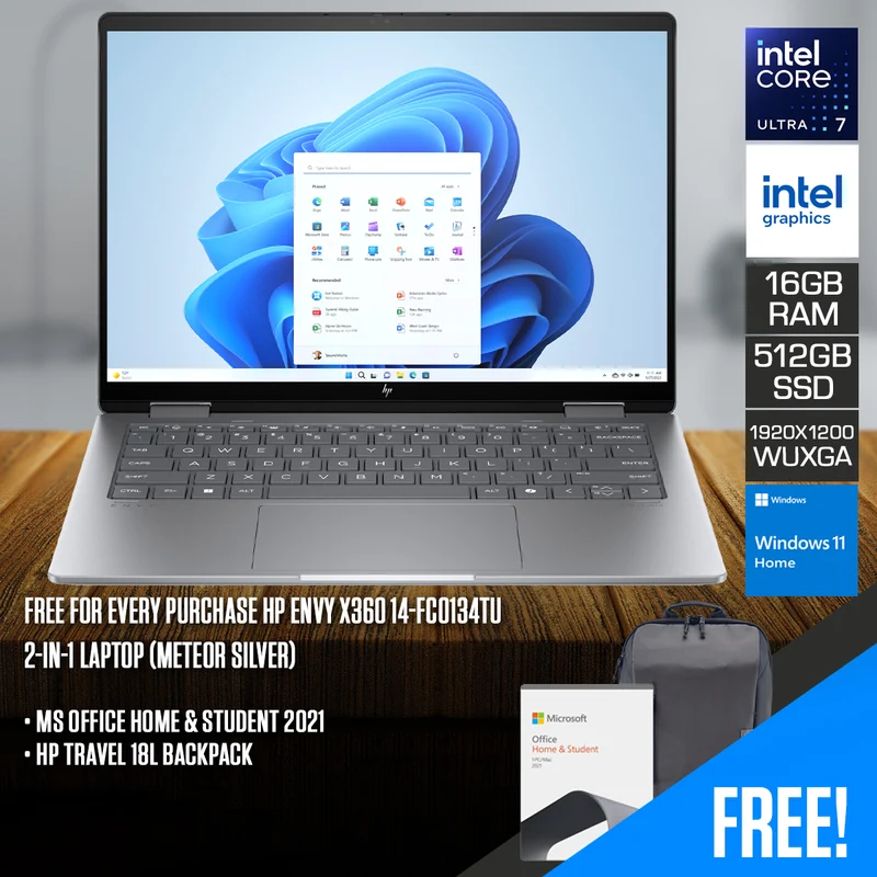 HP Envy x360 14-FC0134TU 2-in-1 Laptop (Meteor Silver) | 14" WUXGA (1920x1200) IPS | Core Ultra 7 155U | 16GB RAM | 512GB SSD | Intel Integrated Graphics | Windows 11 Home | MS Office Home & Student 2021 + HP Travel 18L Backpack