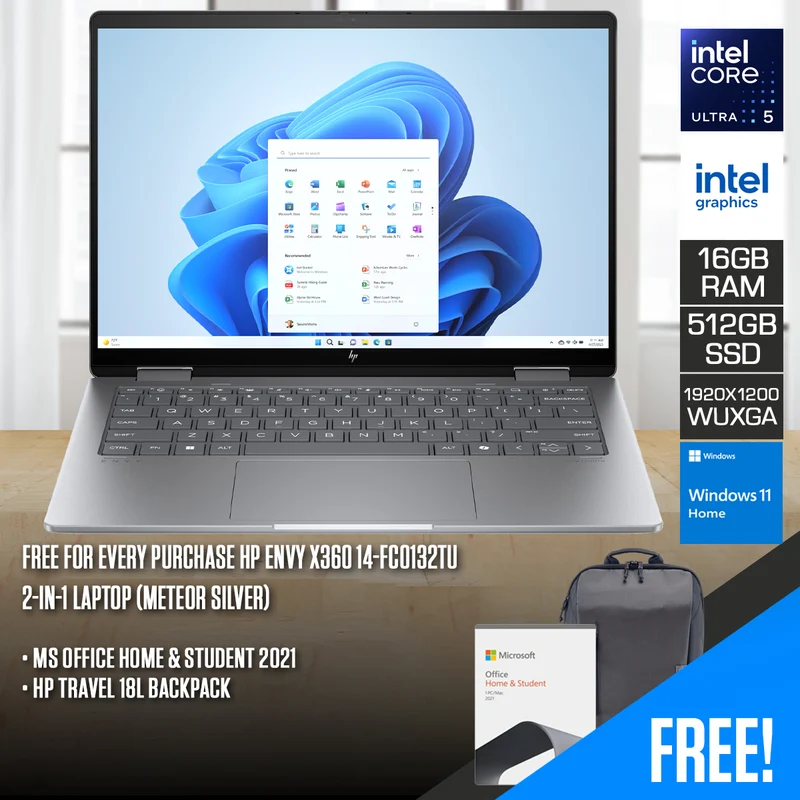 HP Envy x360 14-FC0132TU 2-in-1 Laptop (Meteor Silver) | 14" WUXGA (1920x1200) IPS | Core Ultra 5 125U | 16GB RAM | 512GB SSD | Intel Integrated Graphics | Windows 11 Home | MS Office Home & Student 2021 + HP Travel 18L Backpack