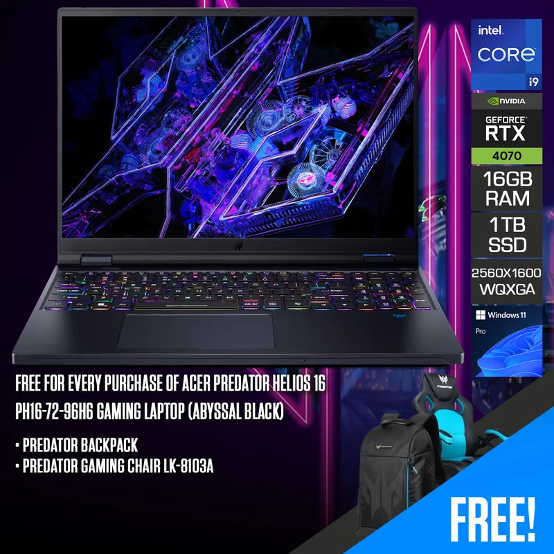 Acer Predator Helios 16 PH16-72-96H6 Gaming Laptop (Abyssal Black) | 16" WQXGA (2560x1600) 240Hz | i9-14900HX | 16GB RAM | 1TB SSD | RTX 4070 | Windows 11 Pro + Predator Backpack + Predator Gaming Chair LK-8103A