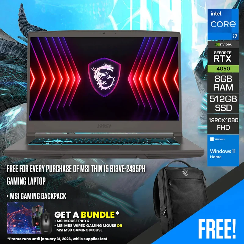 MSI Thin 15 B13VE-2485PH Gaming Laptop | 15.6" FHD (1920x1080) 144Hz | i7-13620H | 8GB RAM | 512GB SSD | RTX 4050 | Windows 11 Home + MSI Gaming Backpack