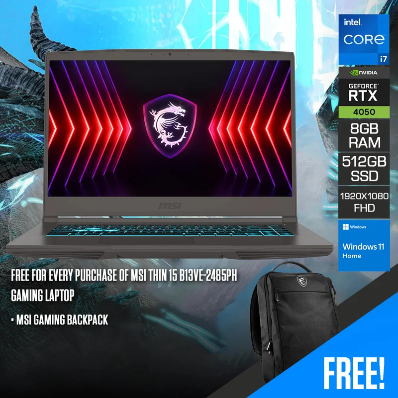 MSI Thin 15 B13VE-2485PH Gaming Laptop | 15.6" FHD (1920x1080) 144Hz | i7-13620H | 8GB RAM | 512GB SSD | RTX 4050 | Windows 11 Home + MSI Gaming Backpack