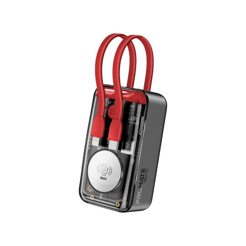 Promate Mavrix 35W Transparent Smartphone & Apple Watch Charging Power Bank with USB-C & Lightning Cable