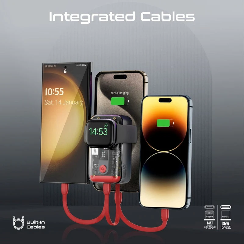 Promate Mavrix 35W Transparent Smartphone & Apple Watch Charging Power Bank with USB-C & Lightning Cable