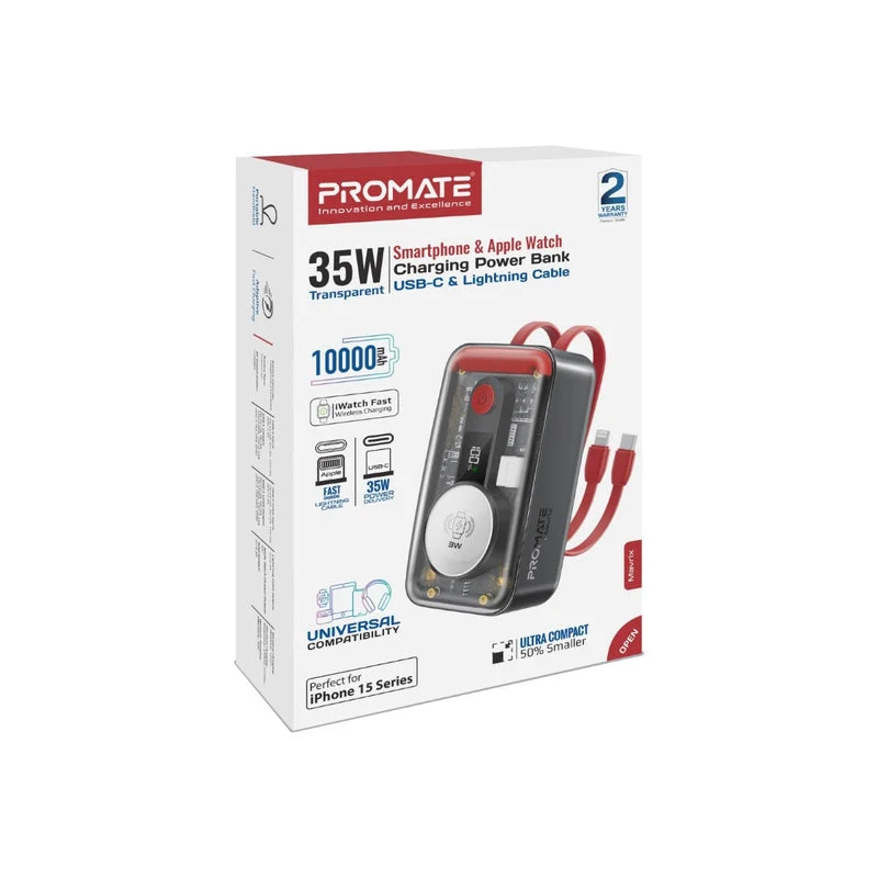 Promate Mavrix 35W Transparent Smartphone & Apple Watch Charging Power Bank with USB-C & Lightning Cable