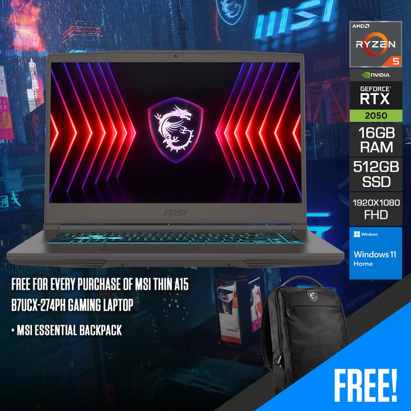 MSI Thin A15 B7UCX-274PH Gaming Laptop | 15.6" FHD (1920x1080) IPS 144Hz | Ryzen 5 7535HS | 16GB RAM | 512GB SSD | RTX 2050 | Windows 11 Home + MSI Essential Backpack
