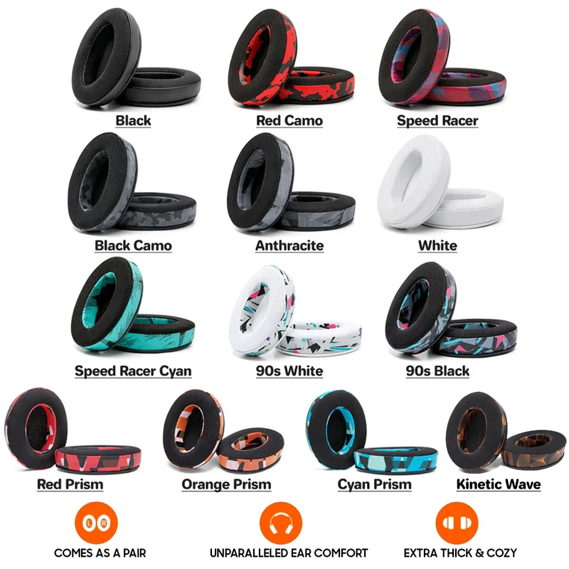 Wicked Cushions WC Freeze - Hybrid Cooling Gel Infused Gaming Earpads (Black, Red Camo, Speed Racer, Black Camo, Anthracite, White, Speed Racer Cyan, 90s White, 90s Black, Red Prism, Orange Prism, Cyan Prism, Kinetic Wave)
