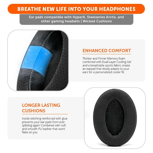 Wicked Cushions WC Freeze - Hybrid Cooling Gel Infused Gaming Earpads (Black, Red Camo, Speed Racer, Black Camo, Anthracite, White, Speed Racer Cyan, 90s White, 90s Black, Red Prism, Orange Prism, Cyan Prism, Kinetic Wave)