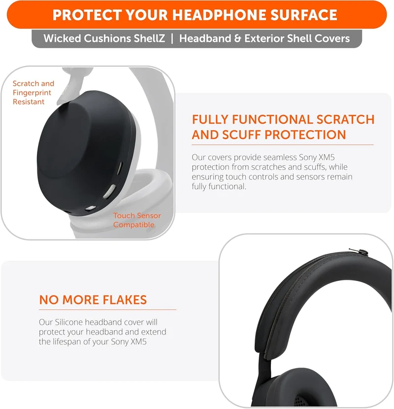 Wicked Cushions Sony XM5 Protective Shell Cover - WC ShellZ XM5 (Black, 90s Black, Geo Grey)