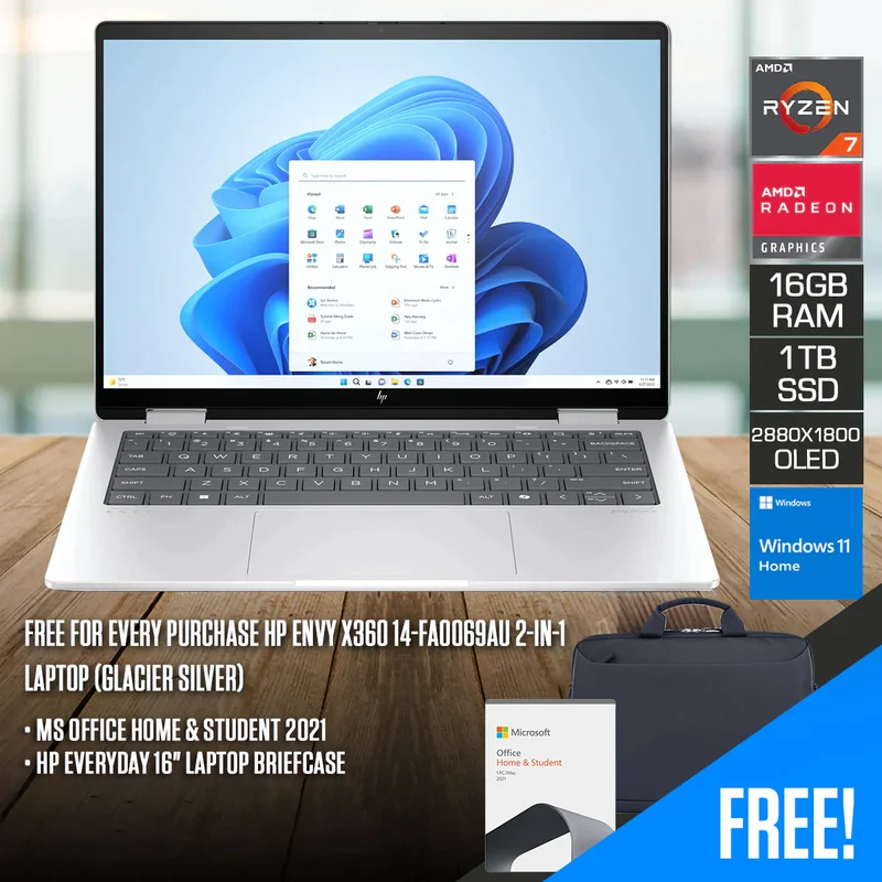 HP Envy X360 14-FA0069AU 2-in-1 Laptop (Glacier Silver) | 14" 2.8K (2880x1800) OLED | Ryzen 7 8840HS | 16GB RAM | 1TB SSD | AMD Radeon Graphics | Windows 11 Home | MS Office Home & Student 2021 + HP Everyday 16" Laptop Briefcase