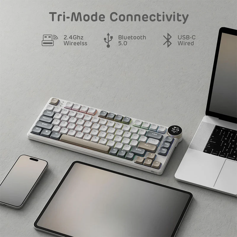 Royal Kludge RK N80 Tri-Mode RGB 80 Keys Hot Swappable Mechanical Keyboard Pearly Dawn (Red Switch, Brown Switch)
