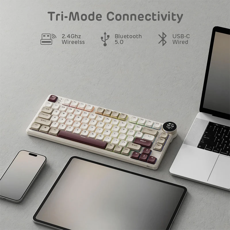 Royal Kludge RK N80 Tri-Mode RGB 80 Keys Hot Swappable Mechanical Keyboard Rosy Clouds (Red Switch, Brown Switch)